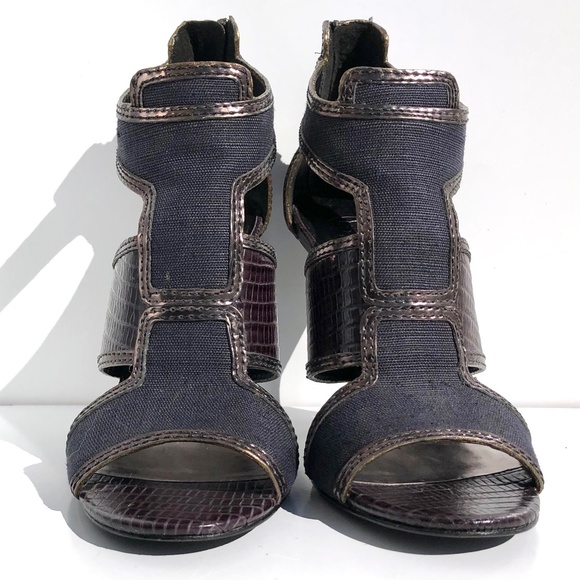 Tory Burch Geoff heel size 6M cage sandal zip linen & snakeskin embossed leather - Picture 4 of 14